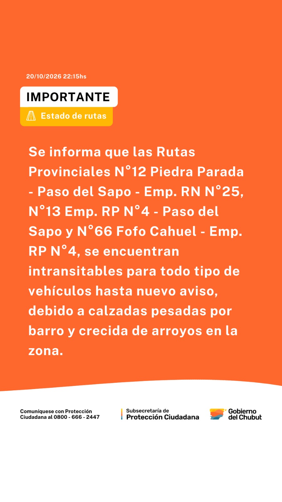 Alerta por tormentas en Chubut: tres rutas provinciales permanecen cerradas al tránsito y se despliega un operativo preventivo