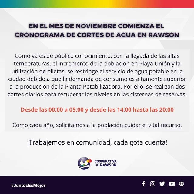 CORTES PROGRAMADOS DE AGUA EN RAWSON A PARTIR DE NOVIEMBRE  La Cooperativa de Servicios Públicos de Rawson informó que desde la próxima semana se aplicarán cortes programados de agua para recuperar niveles en las cisternas y garantizar presión durante las horas de mayor consumo.  El jefe del Servicio Sanitario, Axel Robert, explicó que las restricciones serán de 00 a 5 horas y de 14 a 20 horas, medida que busca optimizar la distribución ante el aumento de la demanda.  “Pedimos a los vecinos un uso responsable del agua y evitar riegos o usos recreativos innecesarios”, señaló Robert, quien recordó que el llenado de piletas debe hacerse mediante camiones cisterna y que no se pueden conectar bombas directamente a la red.