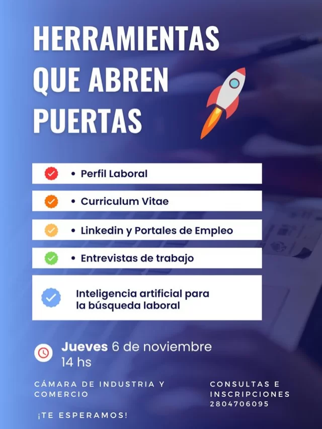 SE REALIZARÁ ESTE JUEVES EL TALLER “MI FUTURO, MI TRABAJO” CON FOCO EN LA INSERCIÓN LABORAL DE JÓVENES Y ADULTOS DE RAWSON  La Municipalidad de Rawson, junto a Fundación Pescar y Pan American Energy, realizará este jueves 6 de noviembre, de 14 a 16 horas, el taller “Mi Futuro, Mi Trabajo” en la Cámara de Industria y Comercio de la ciudad.  La propuesta está destinada a jóvenes y adultos que buscan fortalecer su perfil profesional y mejorar sus oportunidades de inserción laboral. La capacitación, a cargo de la licenciada Florencia Fossati de Fundación Pescar, contará con 30 vacantes e incluirá contenidos sobre currículum vitae, entrevistas, uso de LinkedIn, portales de empleo y herramientas de inteligencia artificial para la búsqueda de trabajo.  La directora de Empleo Municipal, Vanina Castaño, destacó que el taller “brinda herramientas concretas para prepararse ante un mercado laboral competitivo y acceder a empleos de calidad”.  Esta iniciativa forma parte de la articulación público-privada entre la Municipalidad, Fundación Pescar y Pan American Energy, que desde 2018 han capacitado a más de 200 jóvenes en Chubut, promoviendo la formación y el desarrollo profesional en la región.