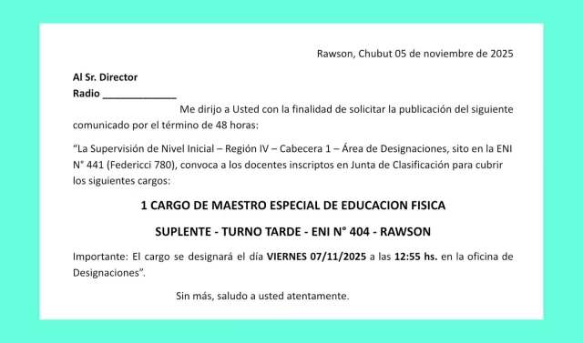 Designaciones de Nivel Inicial - Cabecera 1 - Rawson